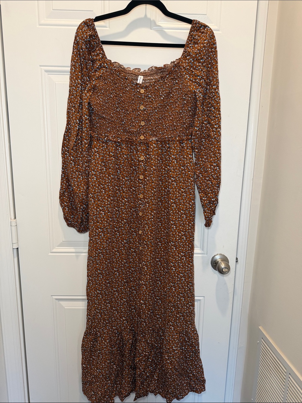NWT Dokotoo Smocked Brown Floral Maxi Dress with Button Front